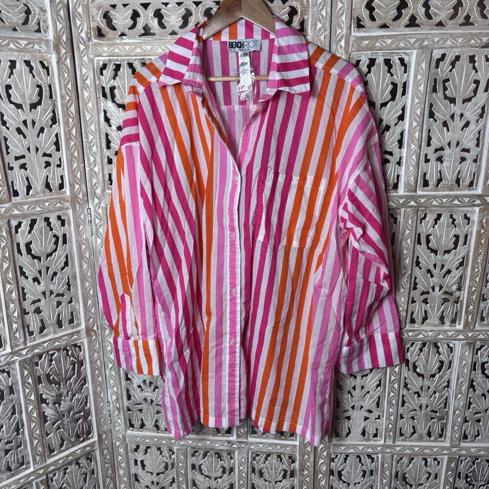 NWOT Beach Riot Alexa Top Pink Orange Stripe Button Shirt Coverup Shirt Plus L